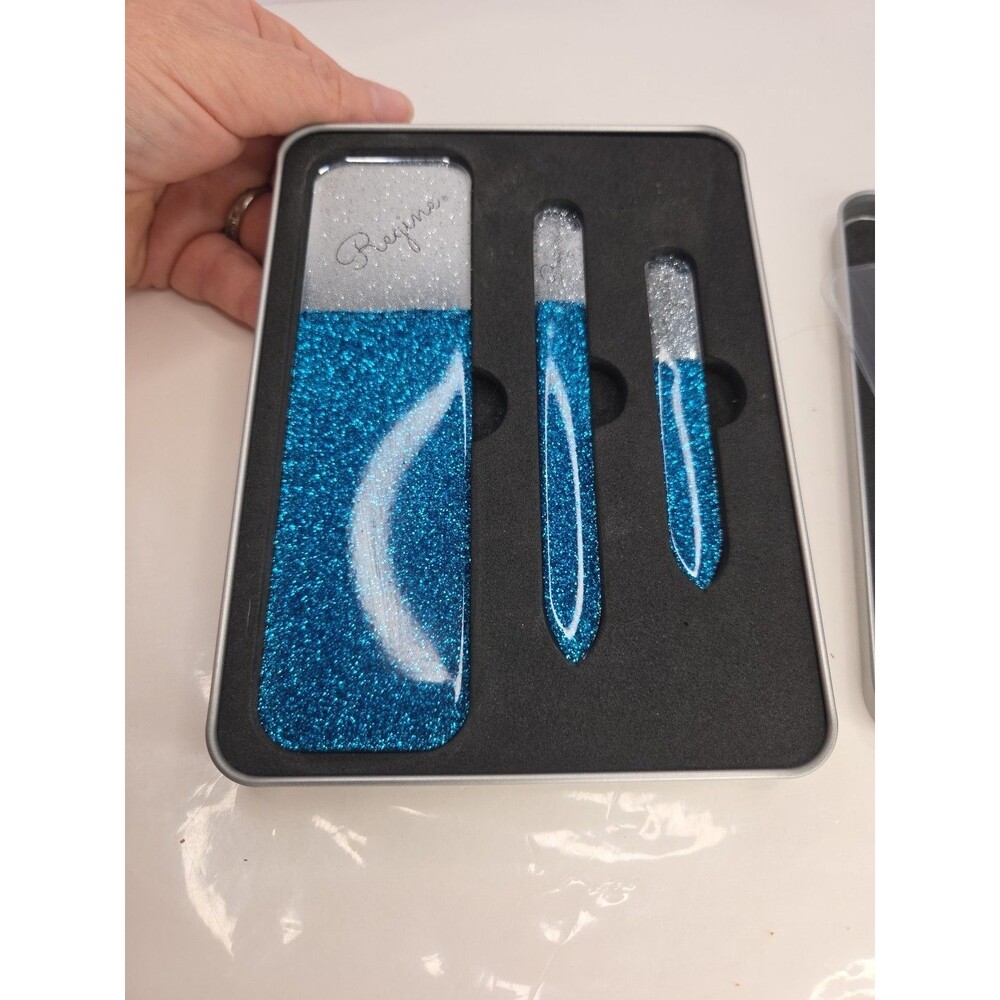 Regine Laser Etched Glass 3 Pc. Mani-Pedi Set w/Case  Blue Metallic Shimmer NEW